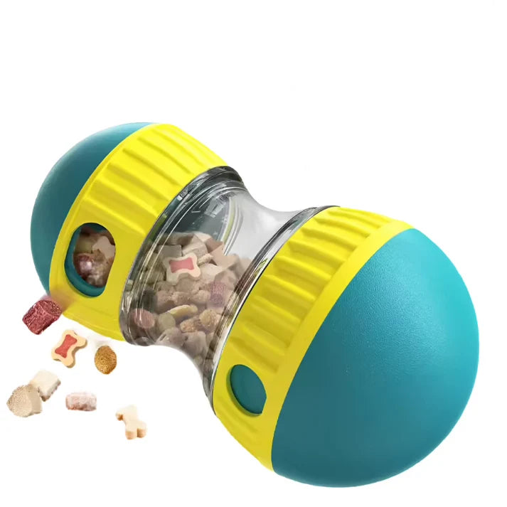 The tumbler in teal with yellow collars, releasing dry treats
